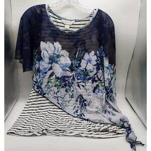 Catherines Shirt Blue White Striped Tank Top W/ Floral Sheer Overlay Size Medium